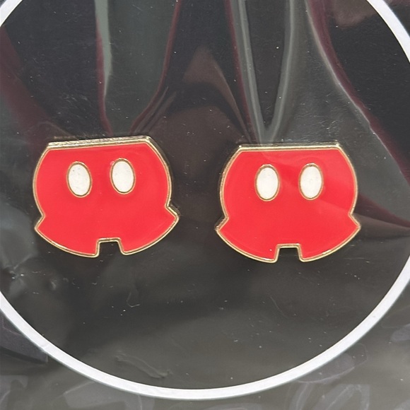 Mickey Mouse Pants ShortsStud Earrings Enamel Red & Gold Unopened Disney °O° NEW - Picture 2 of 4
